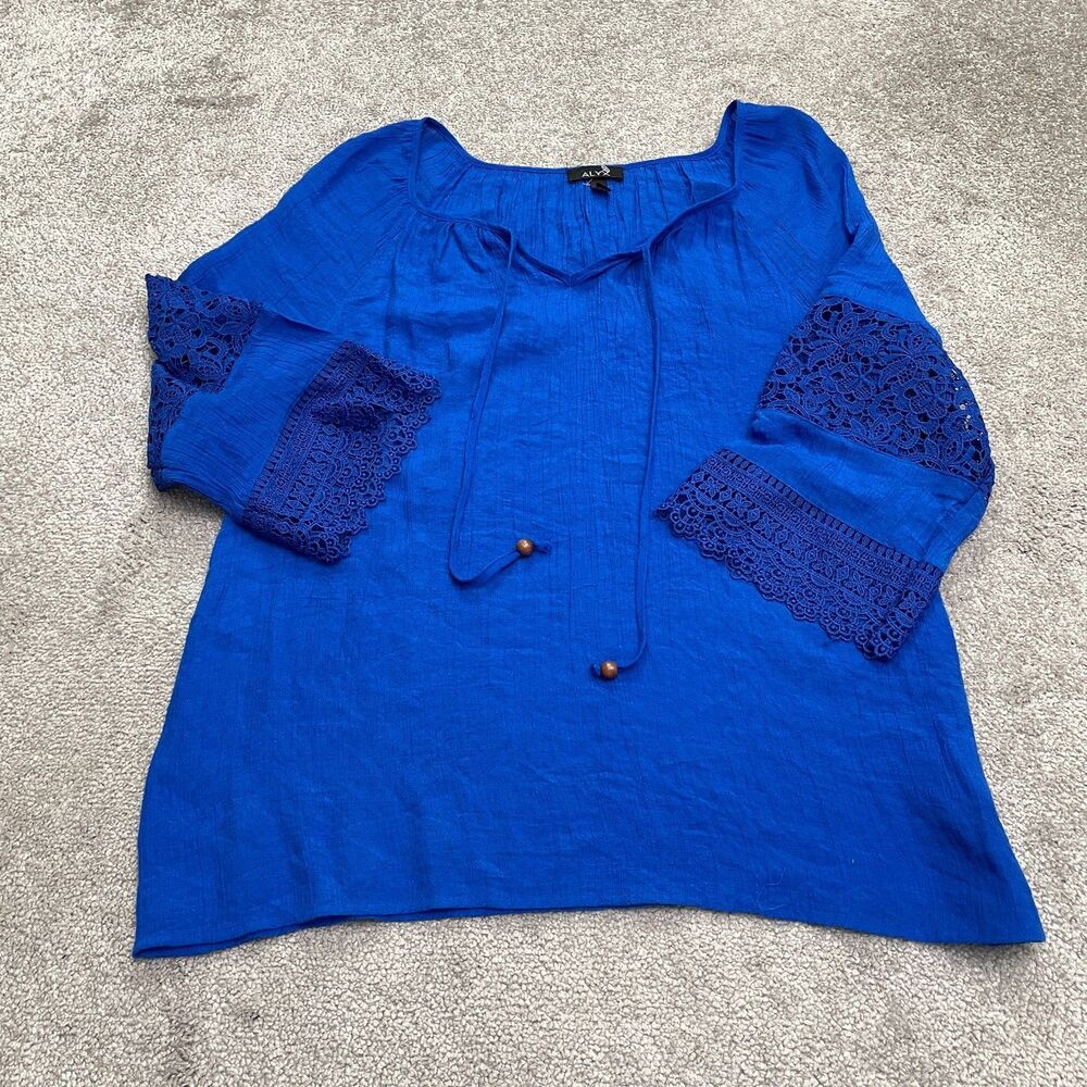 Alyx Peasant Boho Tunic Blouse Womens XXL Royal Blue Lace Sleeve Tasseled Casual